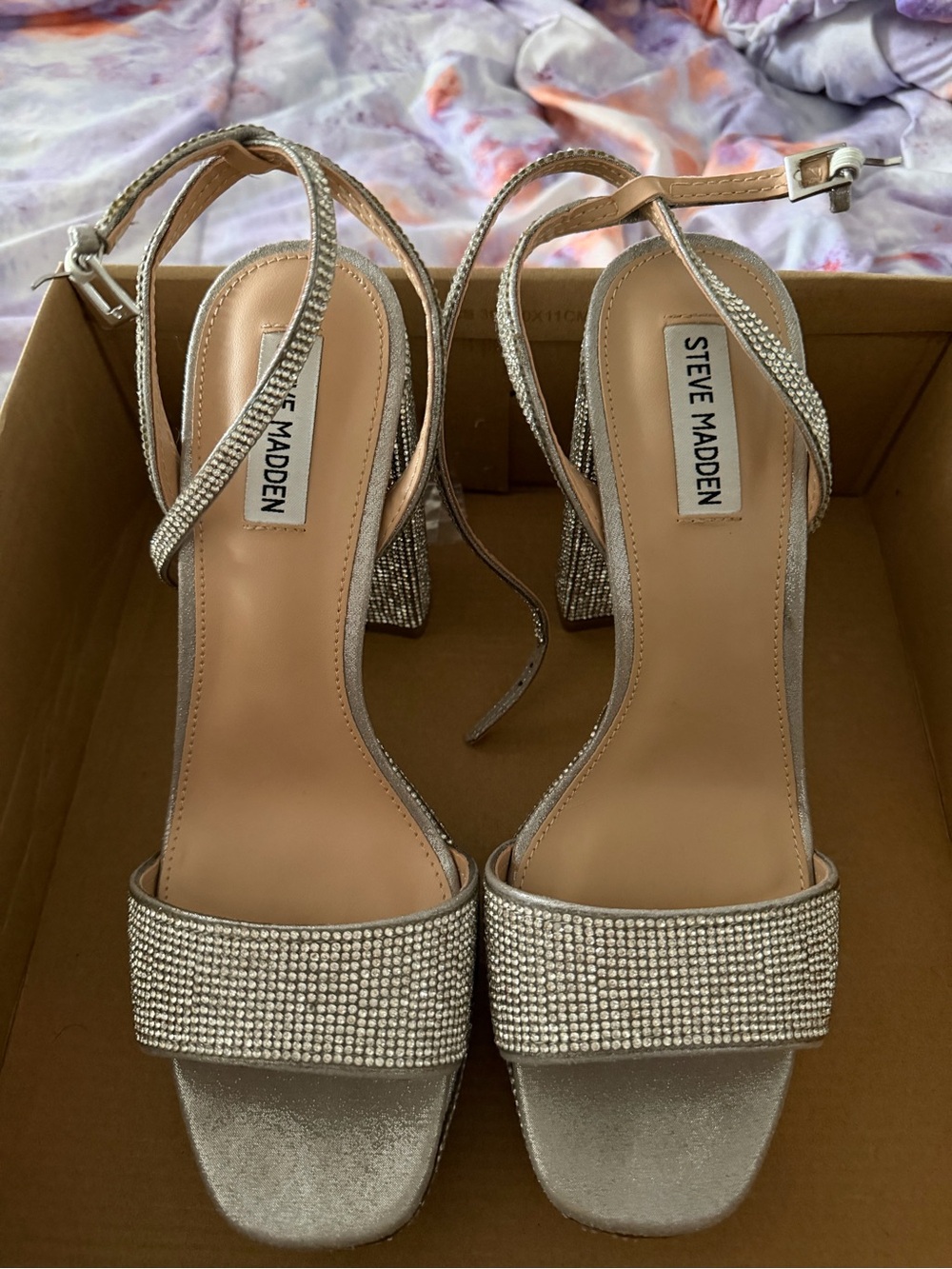 Steve Madden Silver Crystal Strap Block Heels